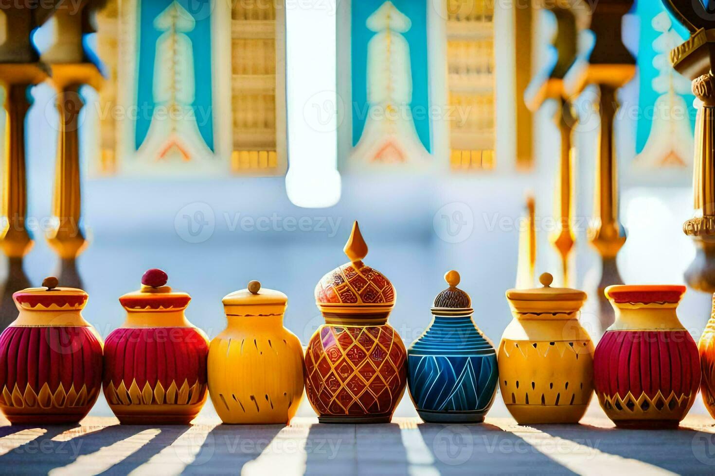 a row of colorful vases lined up on a table. AI-Generated photo