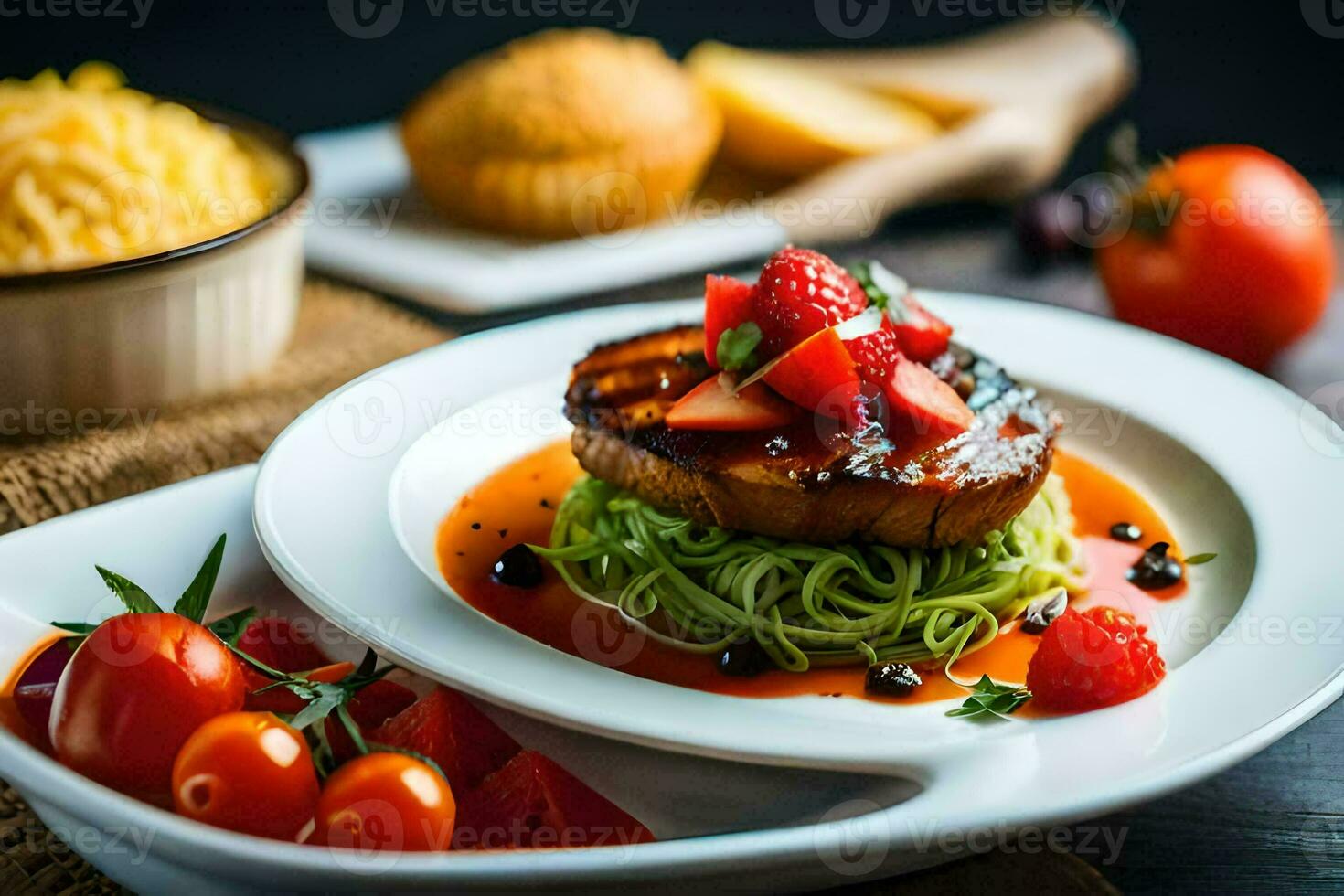 a plate of food with spaghetti and strawberries. AI-Generated photo