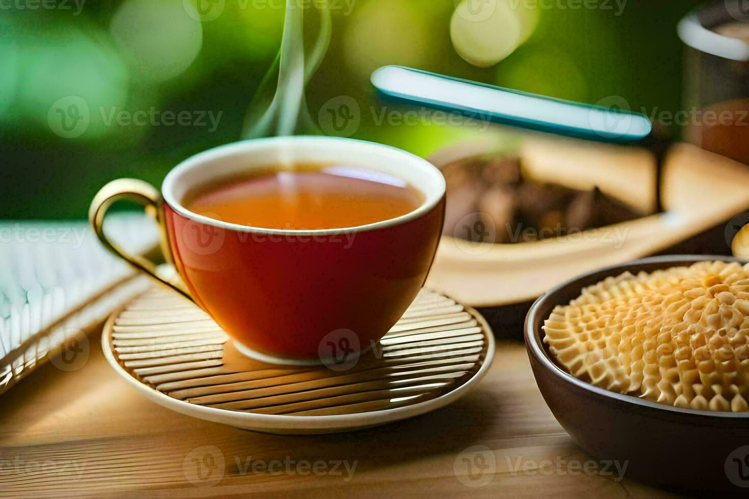 a cup of tea and a bowl of cookies. AI-Generated photo