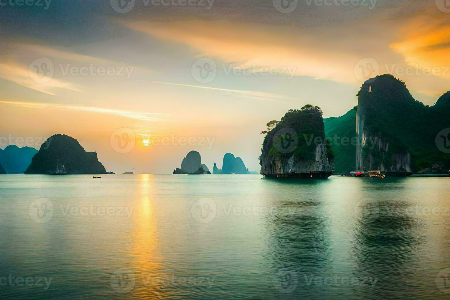 the sun sets over the water in halong bay, vietnam. AI-Generated photo