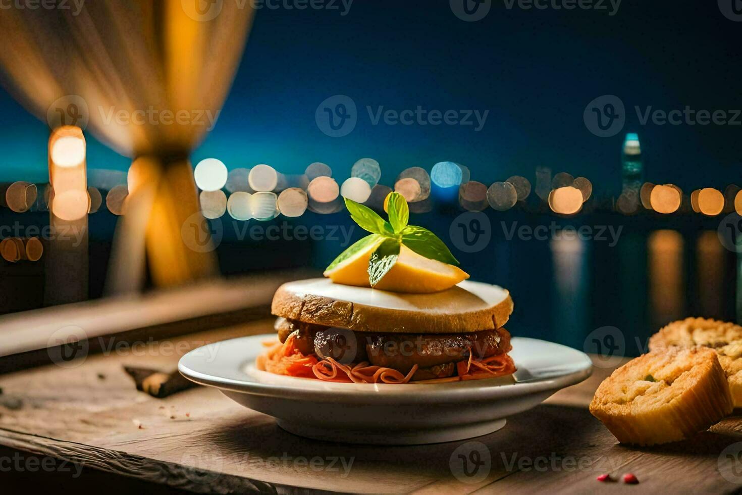 a plate with a burger and bread on a table. AI-Generated photo