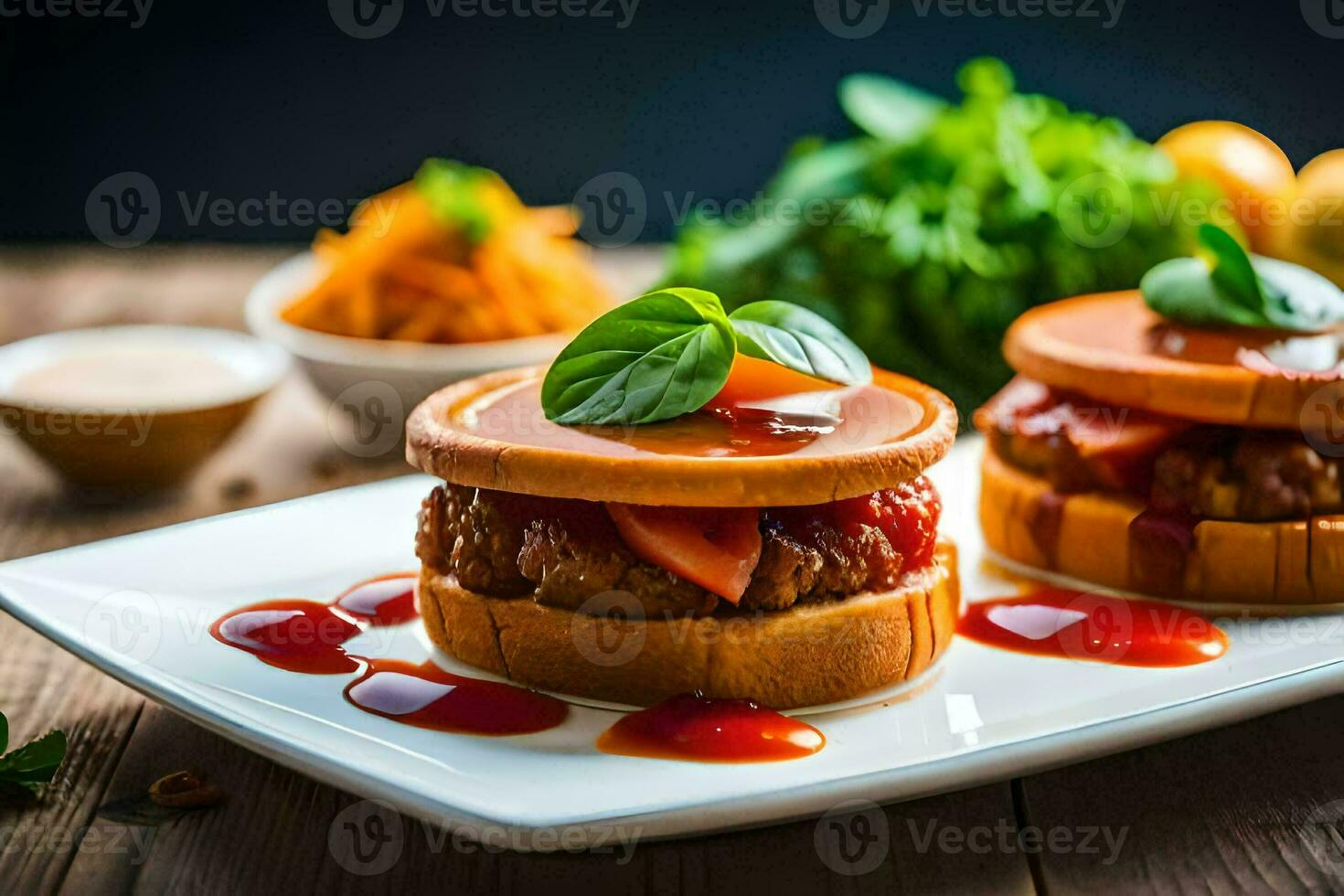two hamburgers with sauce on a white plate. AI-Generated photo