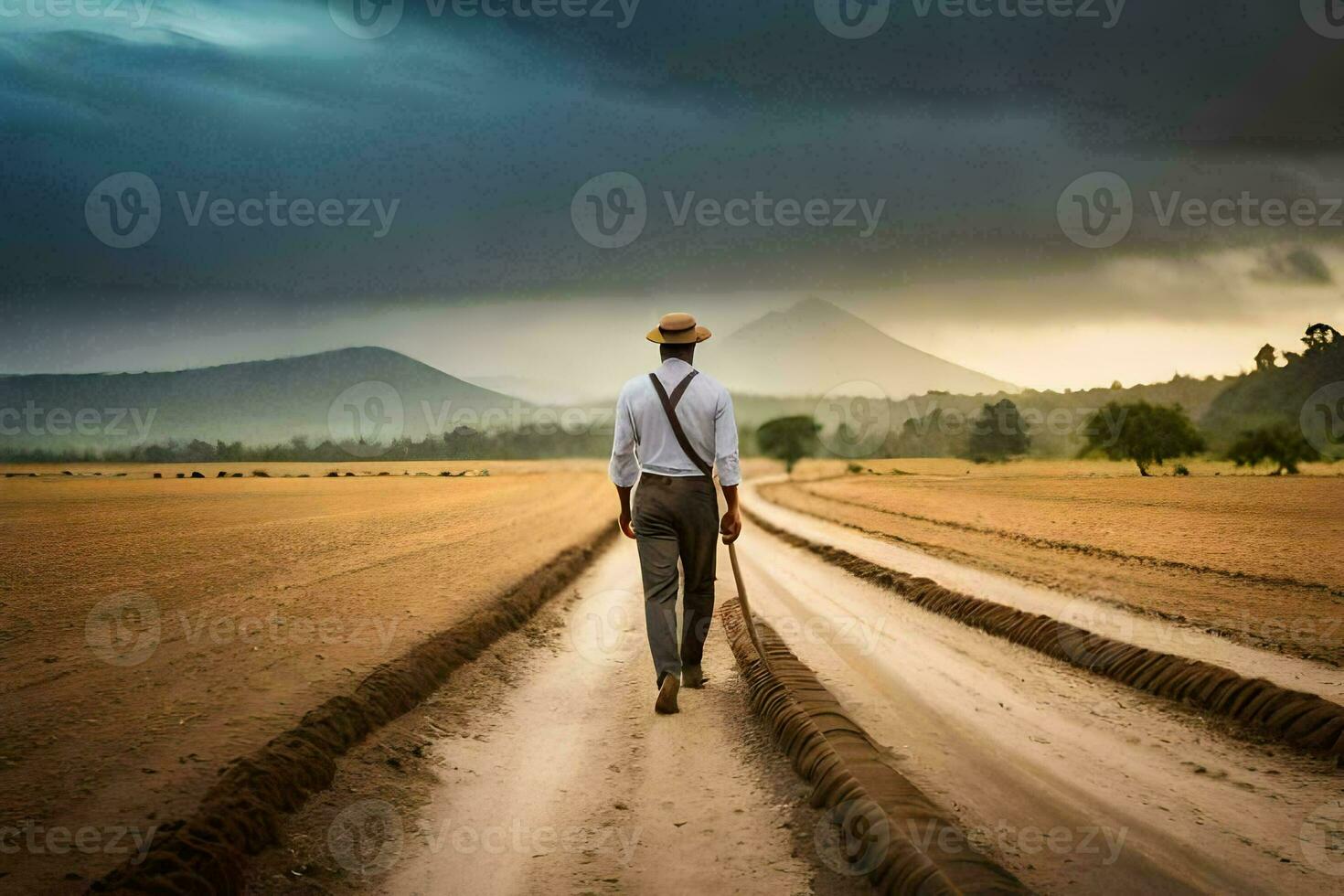 un hombre caminando en el medio de un suciedad la carretera. generado por ai foto