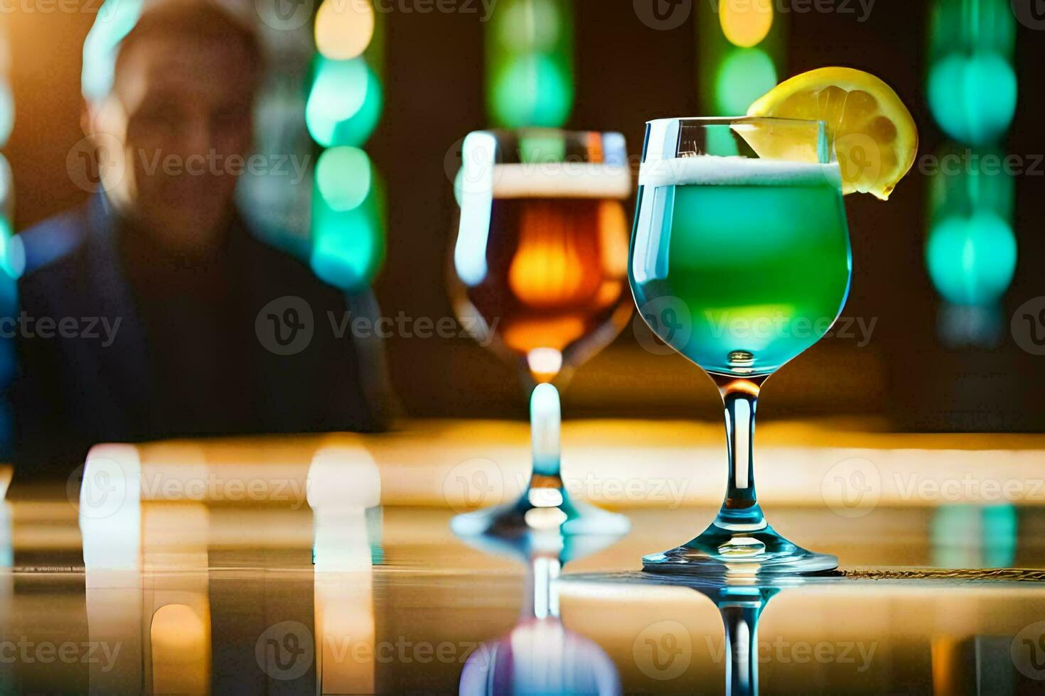 two glasses of colorful drinks sit on a bar. AI-Generated photo