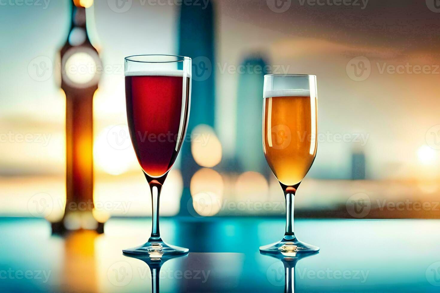 two glasses of wine and a bottle of champagne on a table. AI-Generated photo