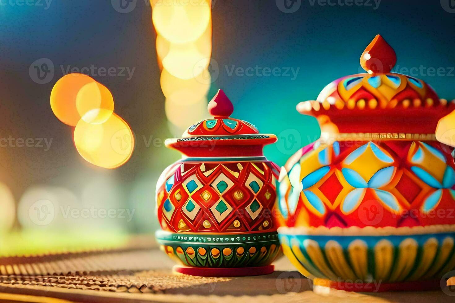 two colorful ceramic pots sitting on a table. AI-Generated photo