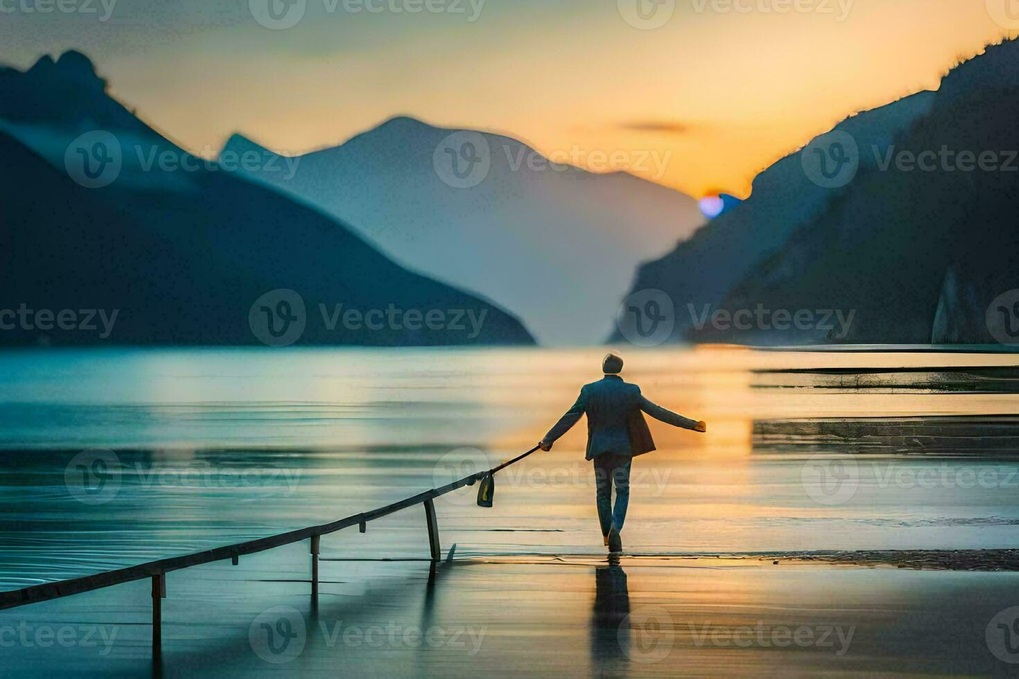 a man walking on a dock at sunset. AI-Generated photo
