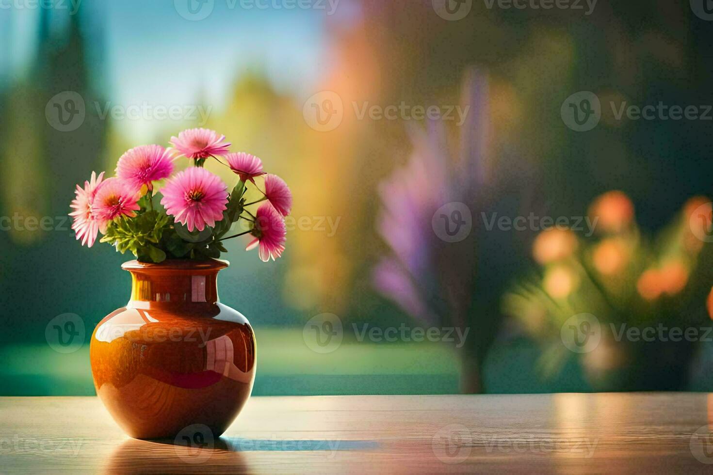 a vase with pink flowers on a table in front of a blurred background. AI-Generated photo