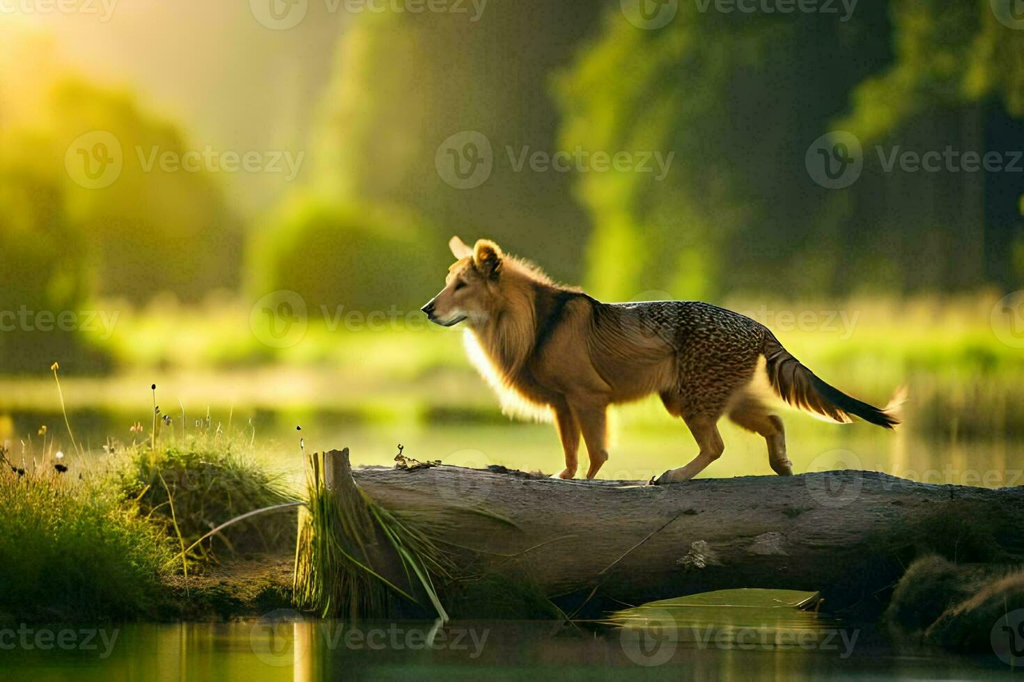 a wolf standing on a log in the middle of a lake. AI-Generated photo