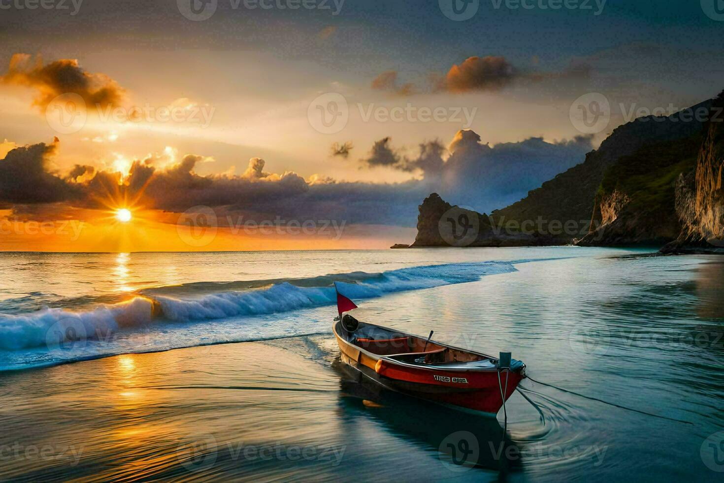 the boat is sailing on the beach at sunset. AI-Generated photo