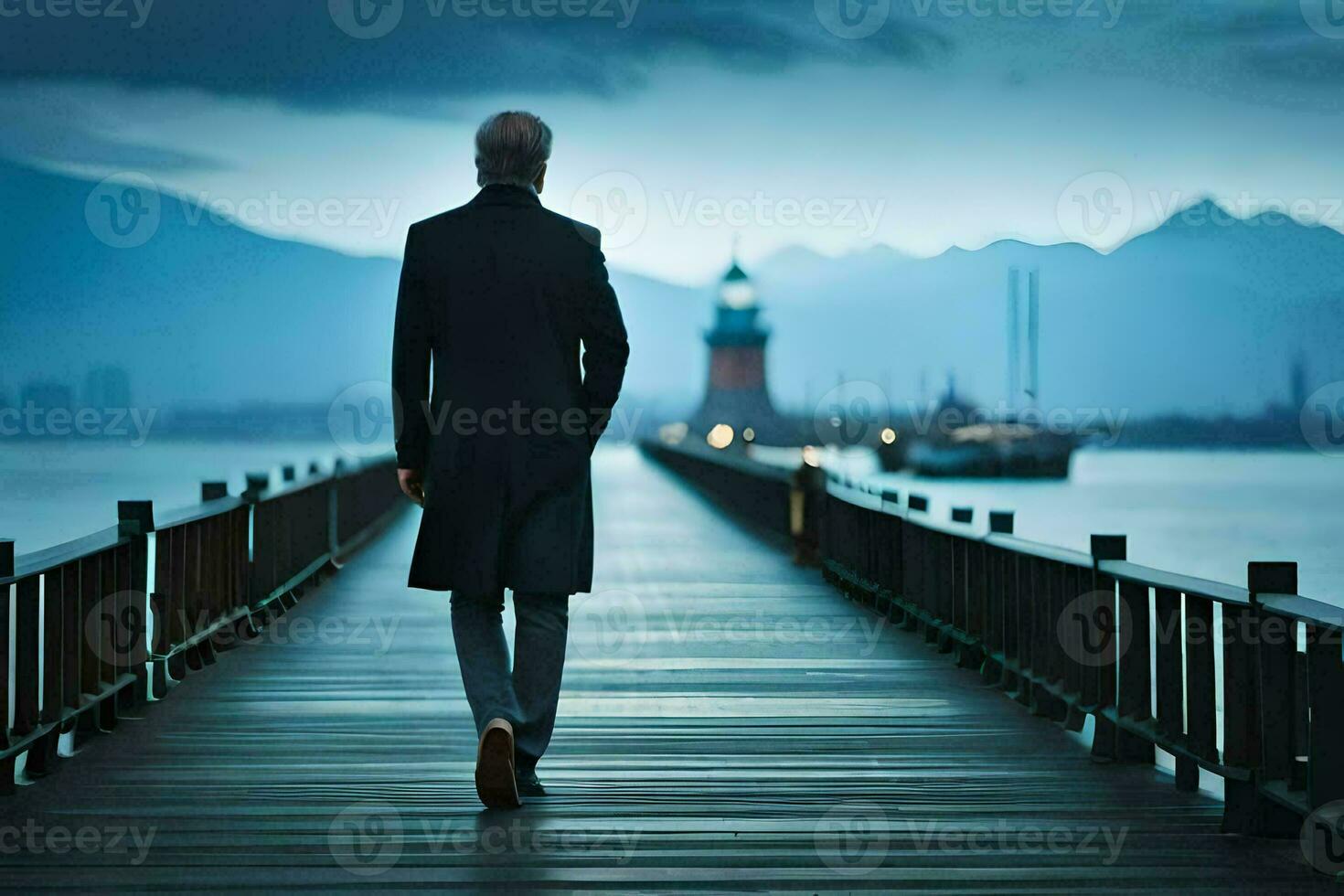 a man walking on a pier in front of a lake. AI-Generated photo