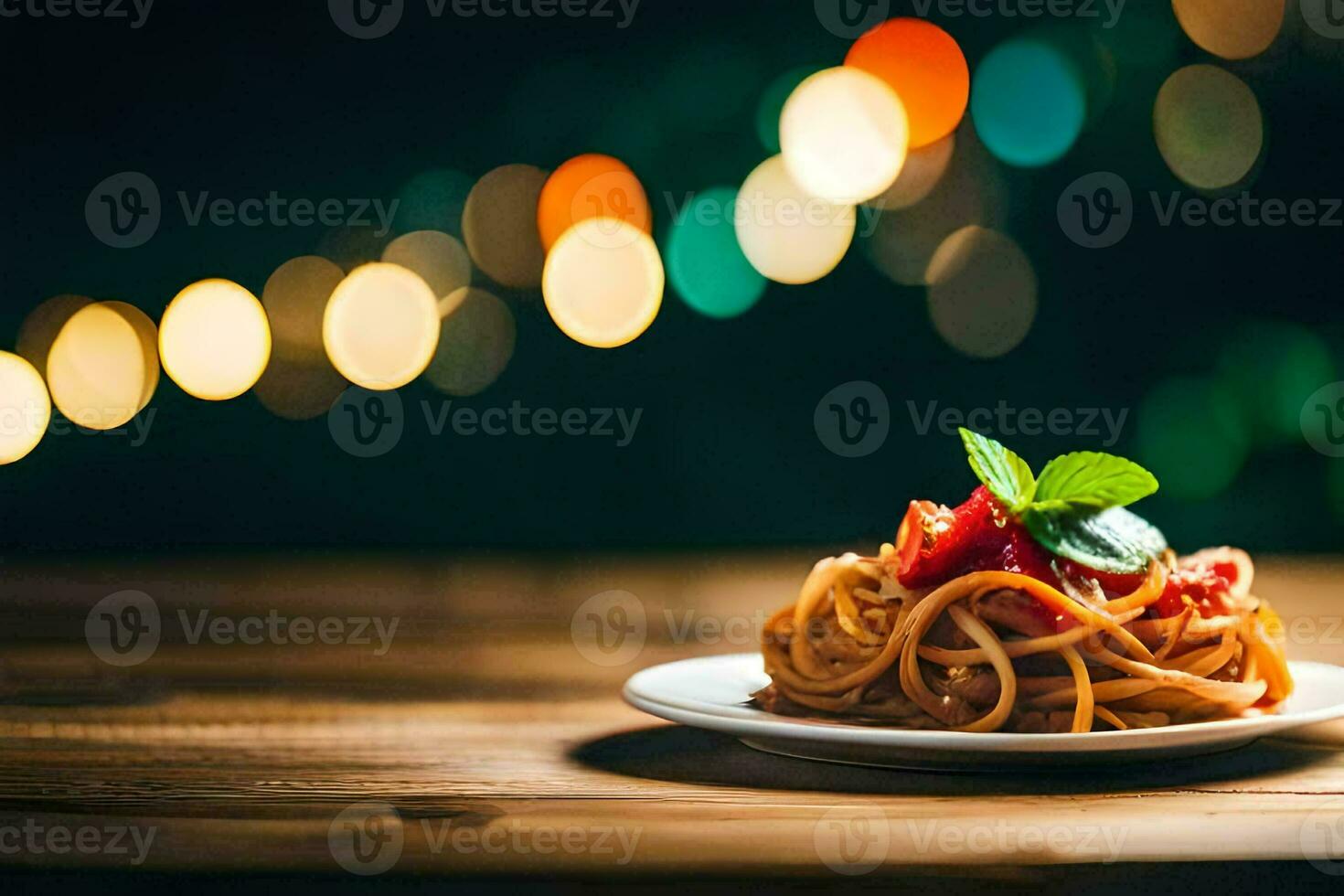 spaghetti on a plate with a bokeh background. AI-Generated photo
