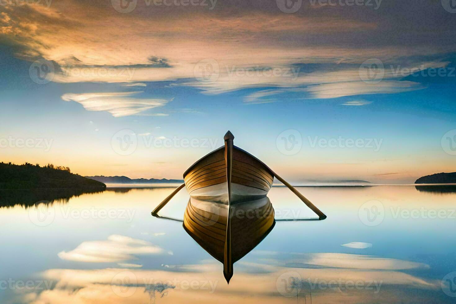 a boat is reflected in the water at sunset. AI-Generated photo