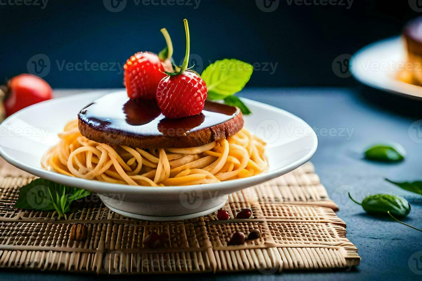 spaghetti with chocolate sauce and strawberries on a plate. AI-Generated photo