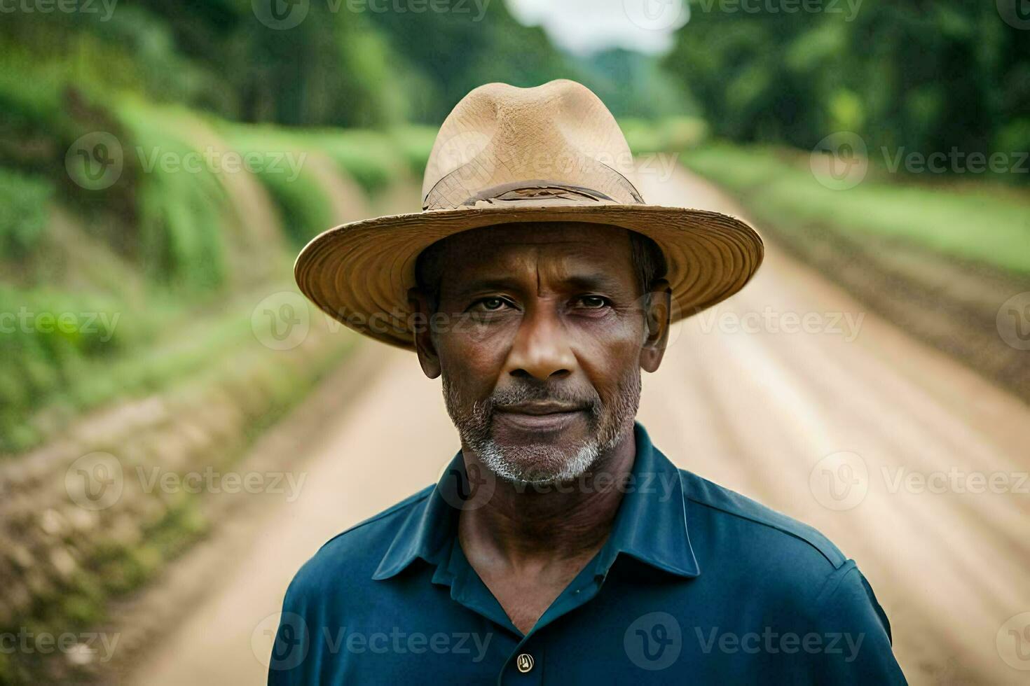 a man wearing a hat stands on a dirt road. AI-Generated photo
