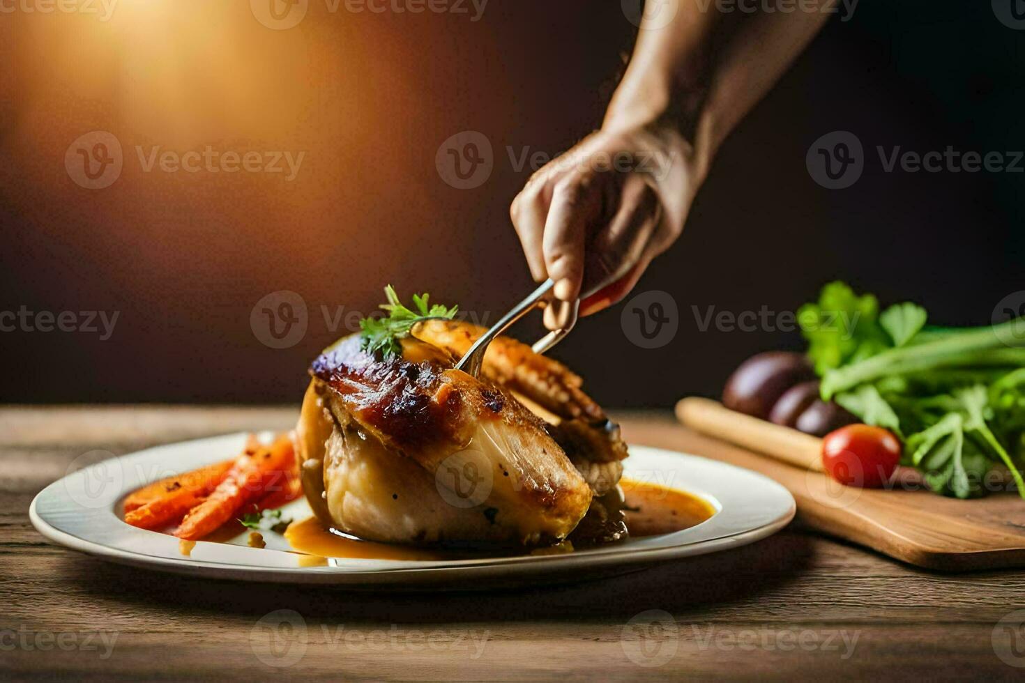 a person is holding a fork over a piece of meat. AI-Generated photo