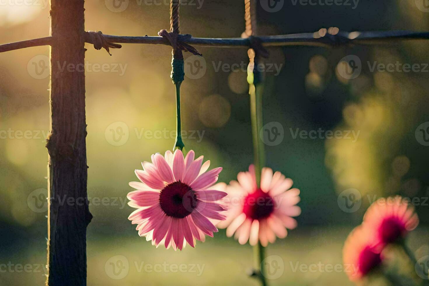 two pink flowers hanging from a barbed wire fence. AI-Generated photo