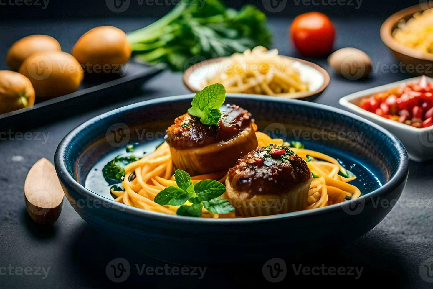 spaghetti with meatballs and sauce in a blue bowl. AI-Generated photo