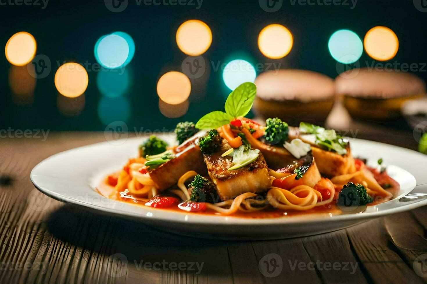 a plate of pasta with meat and vegetables on a wooden table. AI-Generated photo