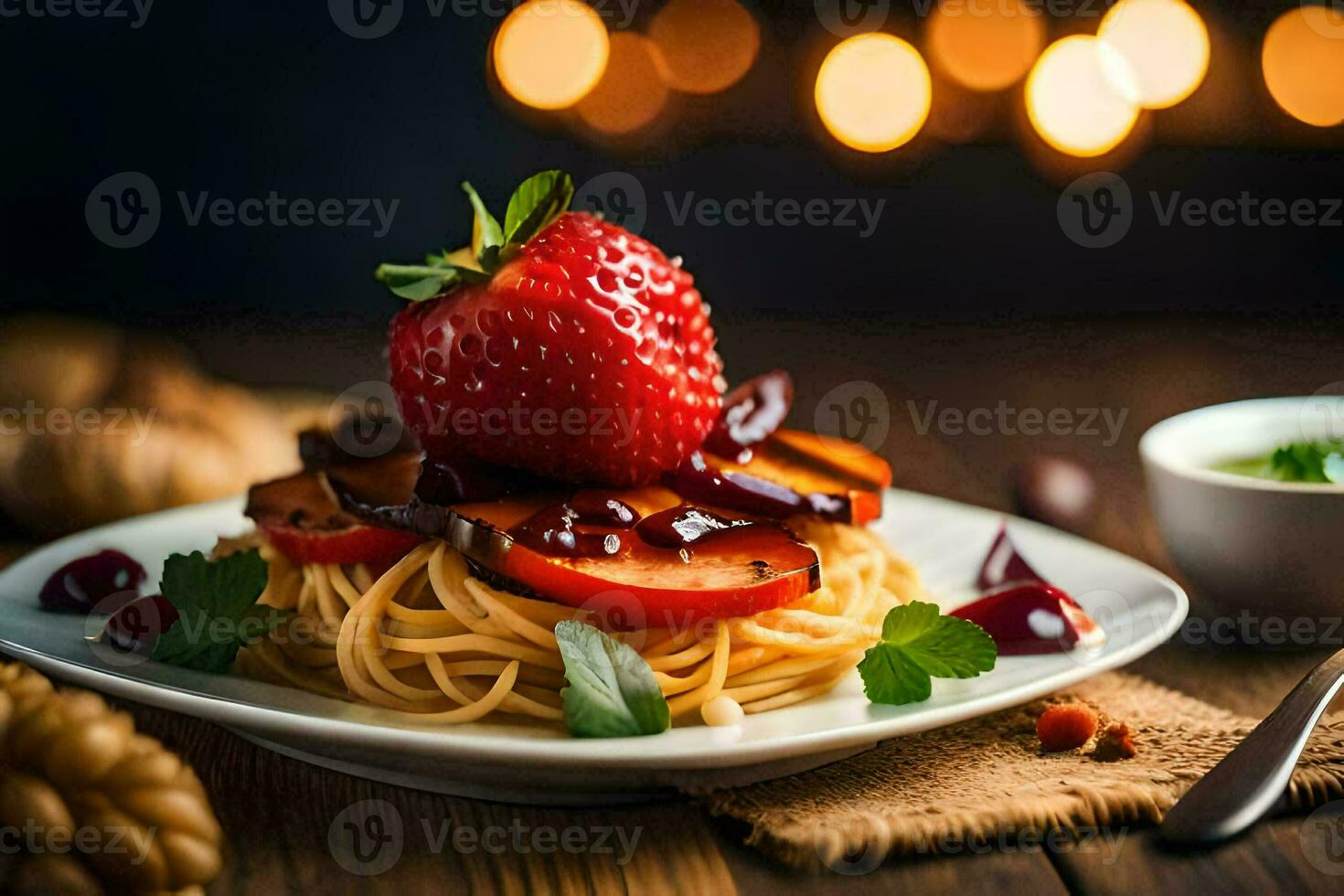 spaghetti with strawberries and cherries on a plate. AI-Generated photo