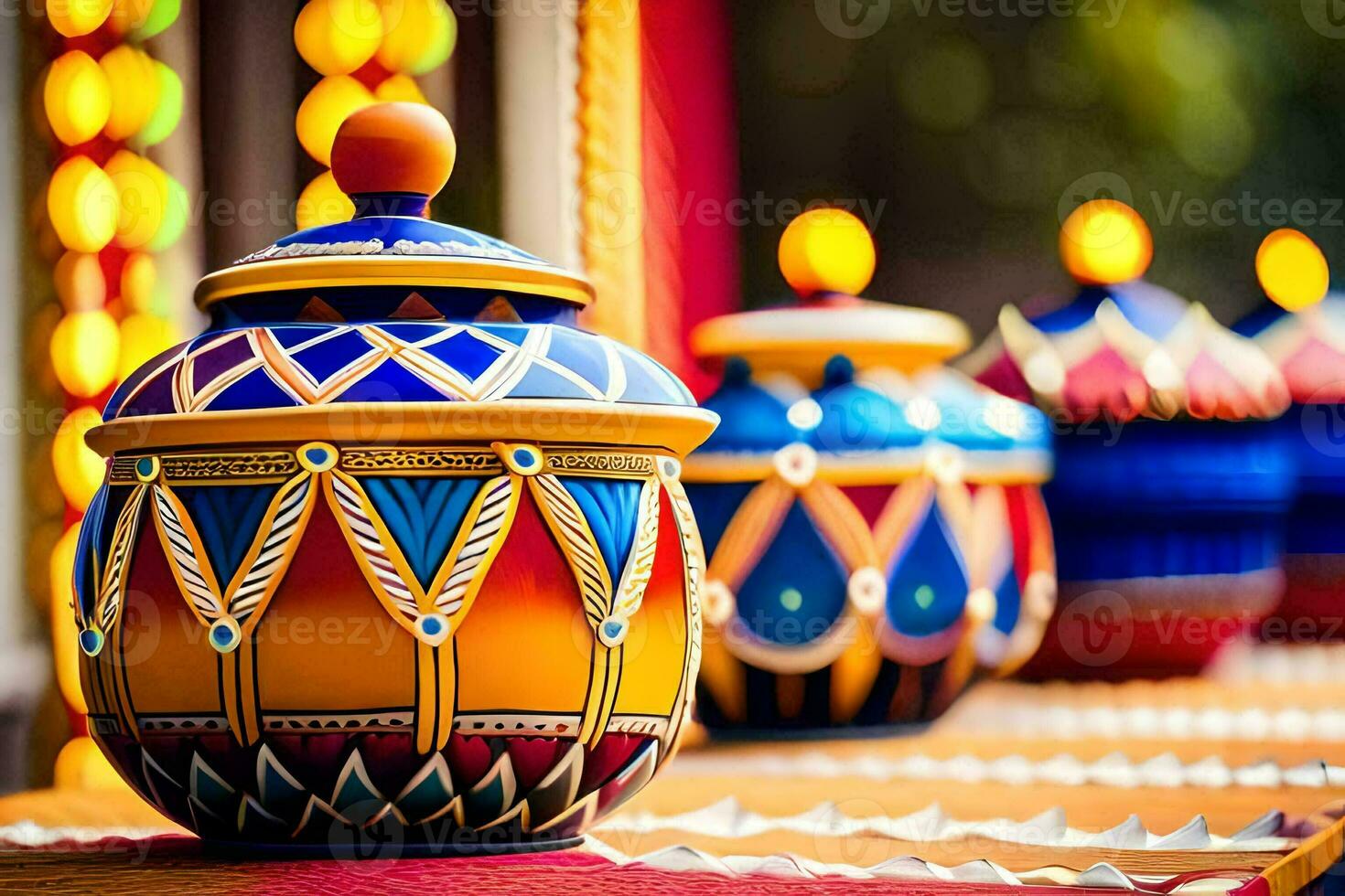 colorful pots on a table with candles. AI-Generated photo