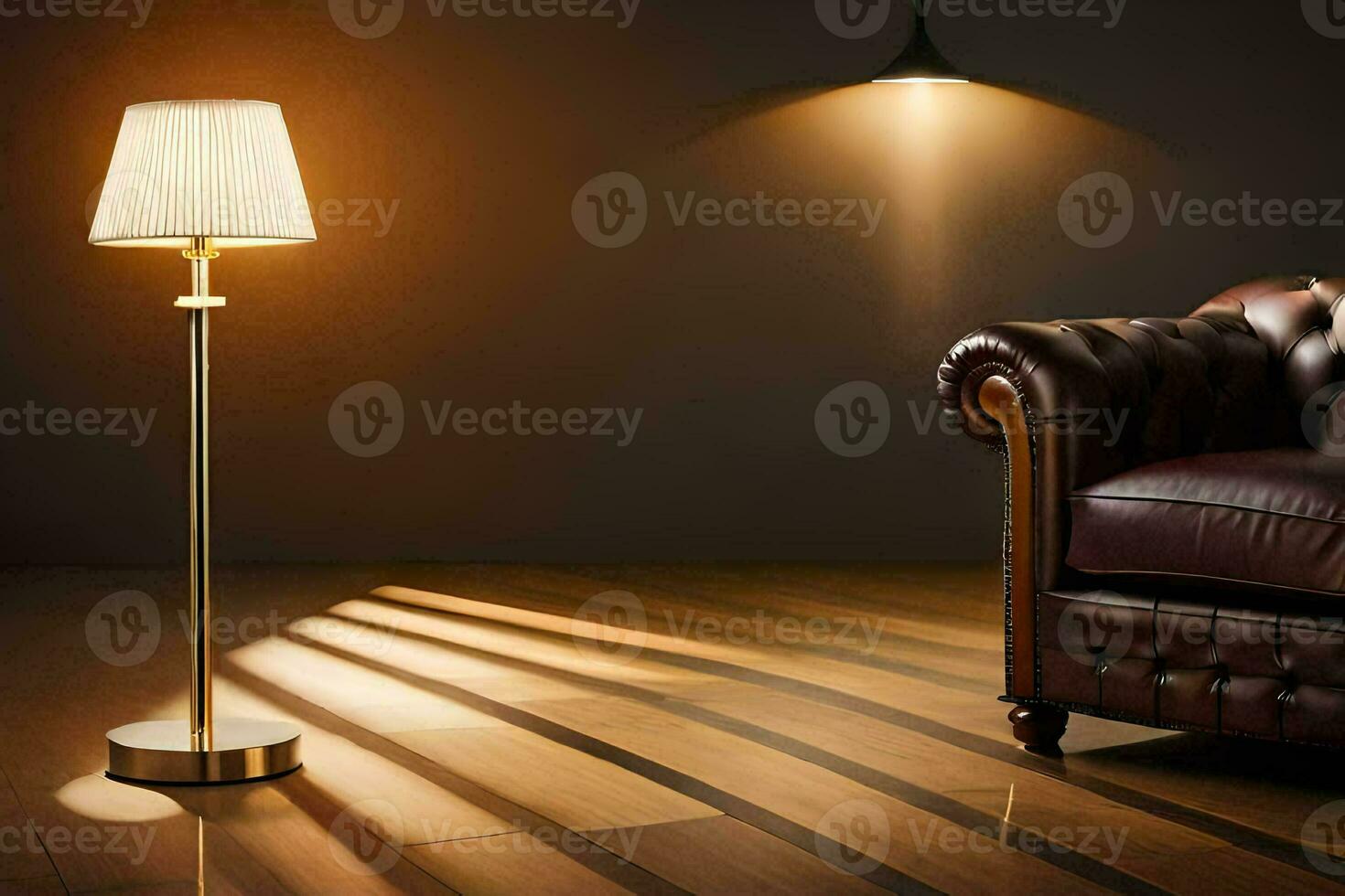 a leather couch and lamp in a room. AI-Generated photo