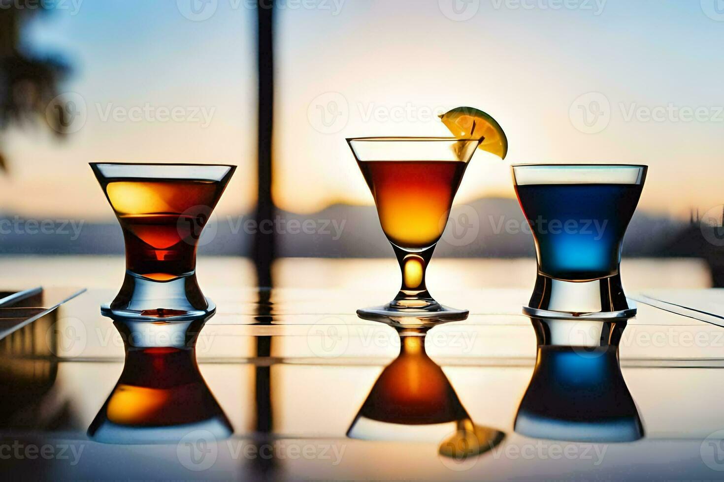 three glasses of different colored drinks on a table. AI-Generated photo