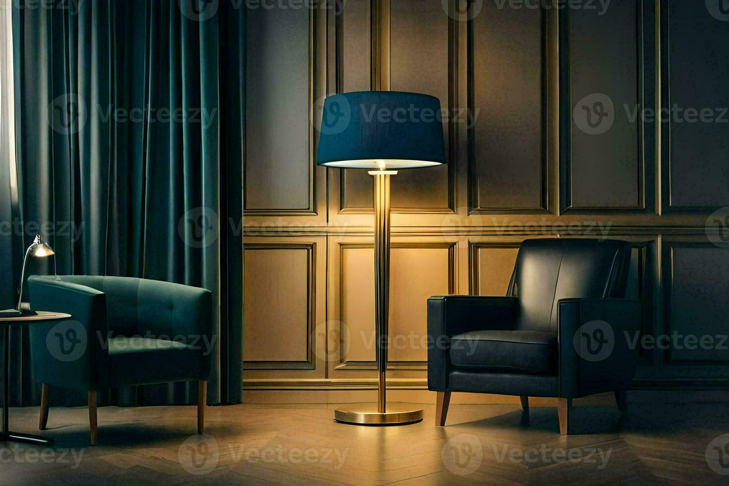 a room with a chair and lamp. AI-Generated photo