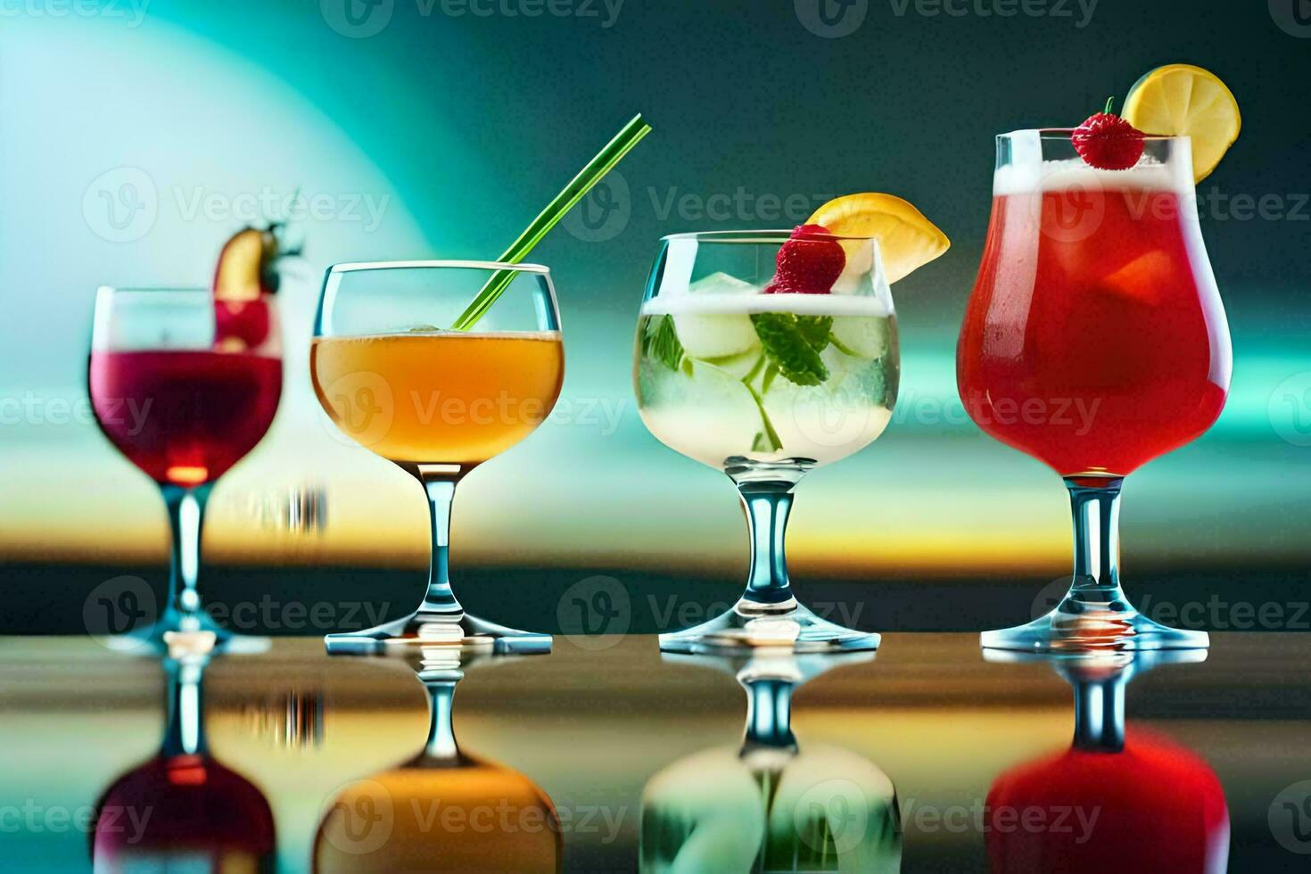 a row of glasses with different drinks. AI-Generated photo