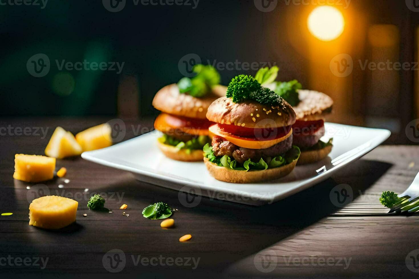 hamburguesas en un plato con queso y vegetales. generado por ai foto