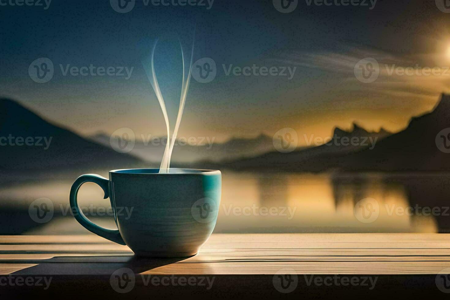 Hot coffee mug on table with high mountain view in the morning. Ai  generated 31708803 Stock Photo at Vecteezy