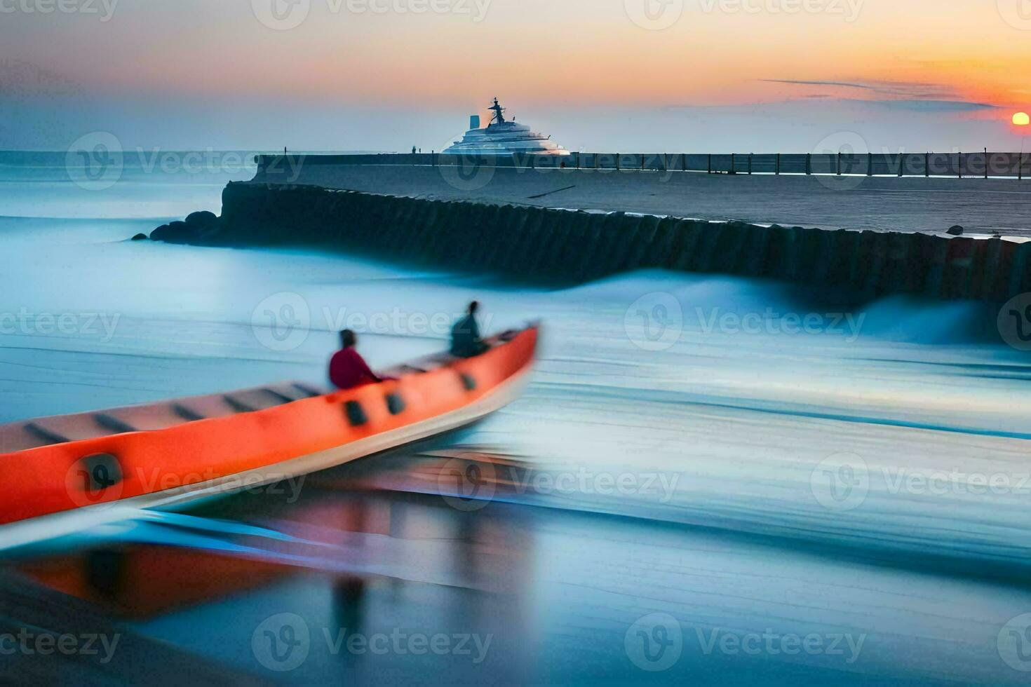 two people are in a boat on the water at sunset. AI-Generated photo