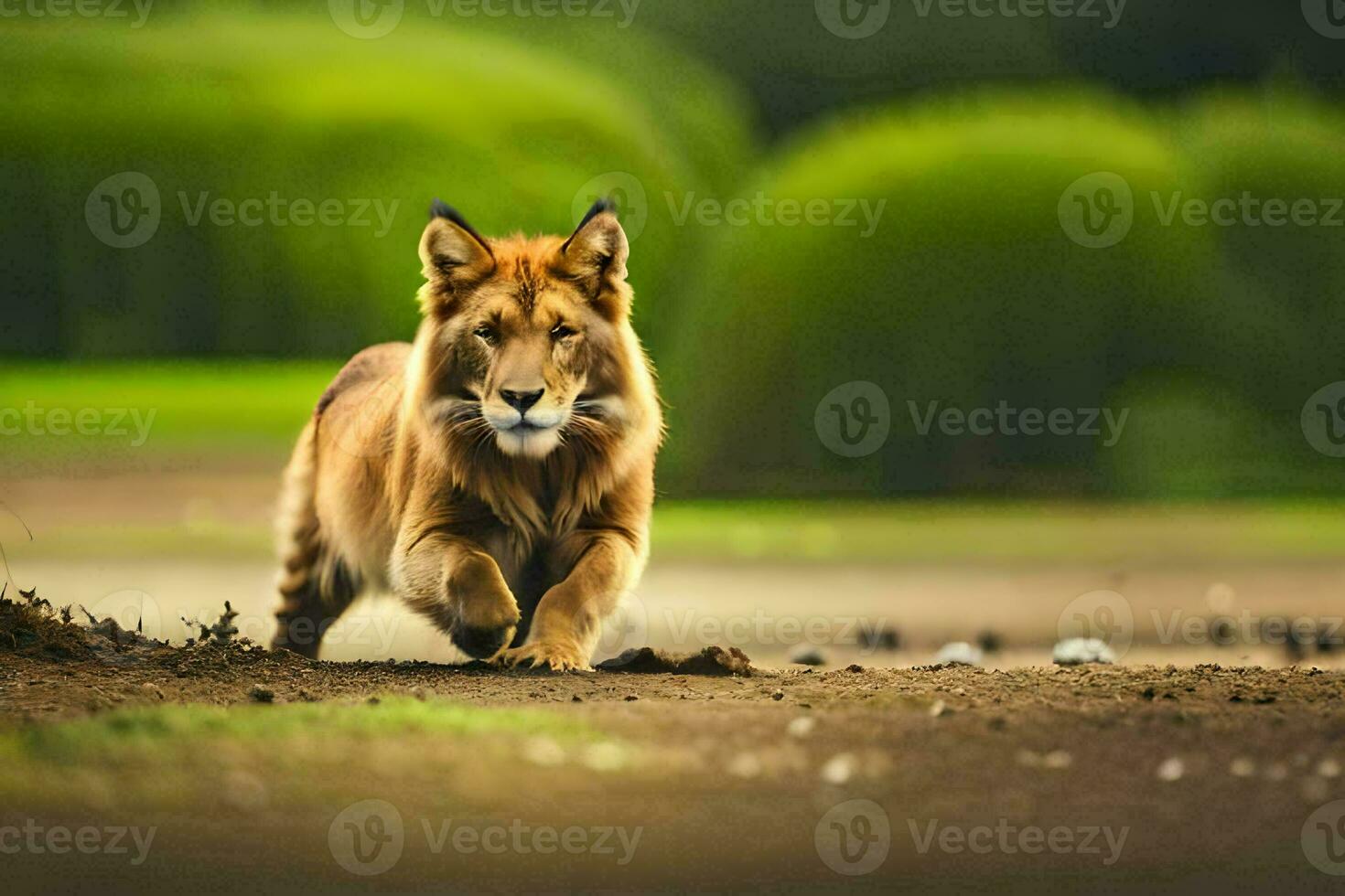 a lion running across a field. AI-Generated photo