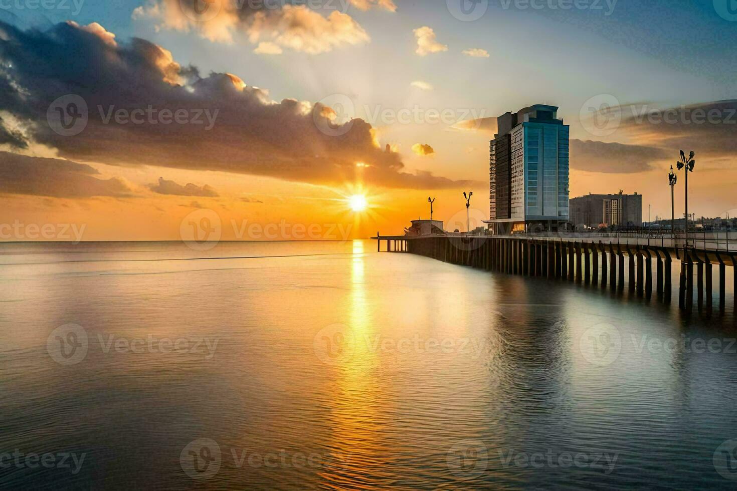 the sun sets over a pier and buildings. AI-Generated photo