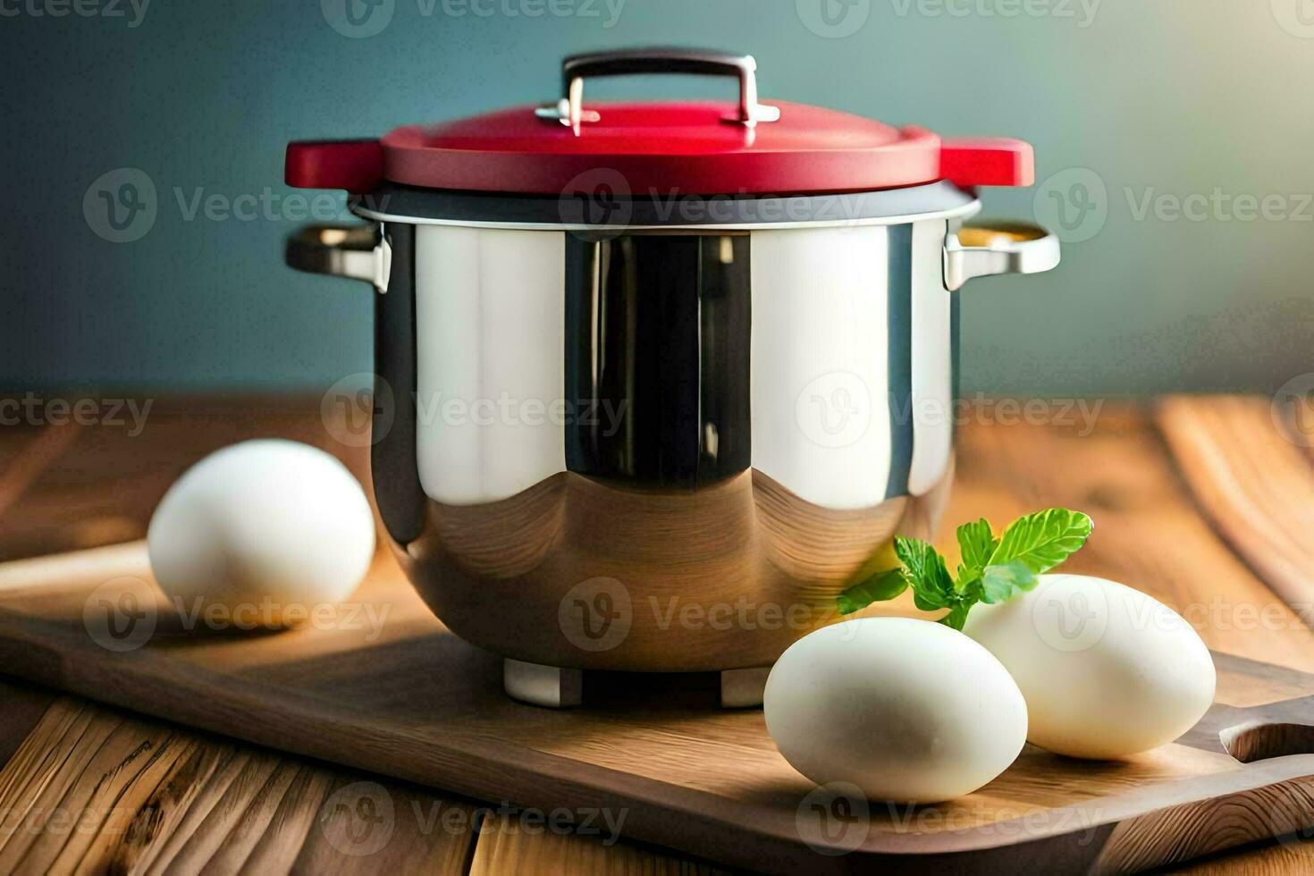 an electric pressure cooker with eggs on a wooden cutting board. AI-Generated photo