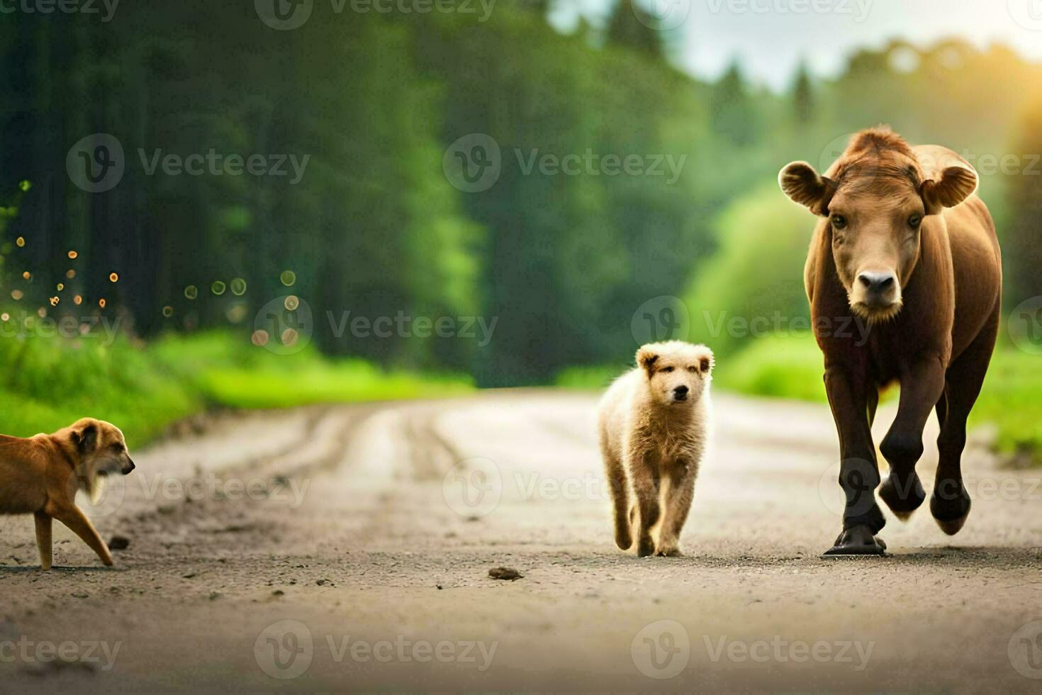 a cow and two dogs walking down a road. AI-Generated photo