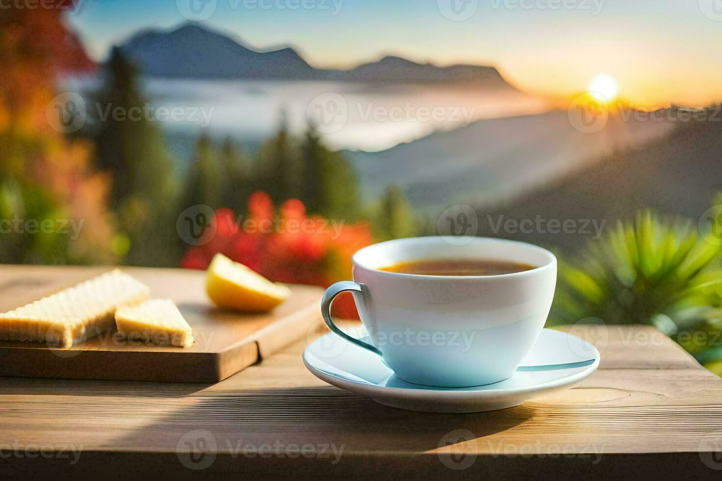a cup of tea and a slice of lemon on a wooden table in the mountains. AI-Generated photo