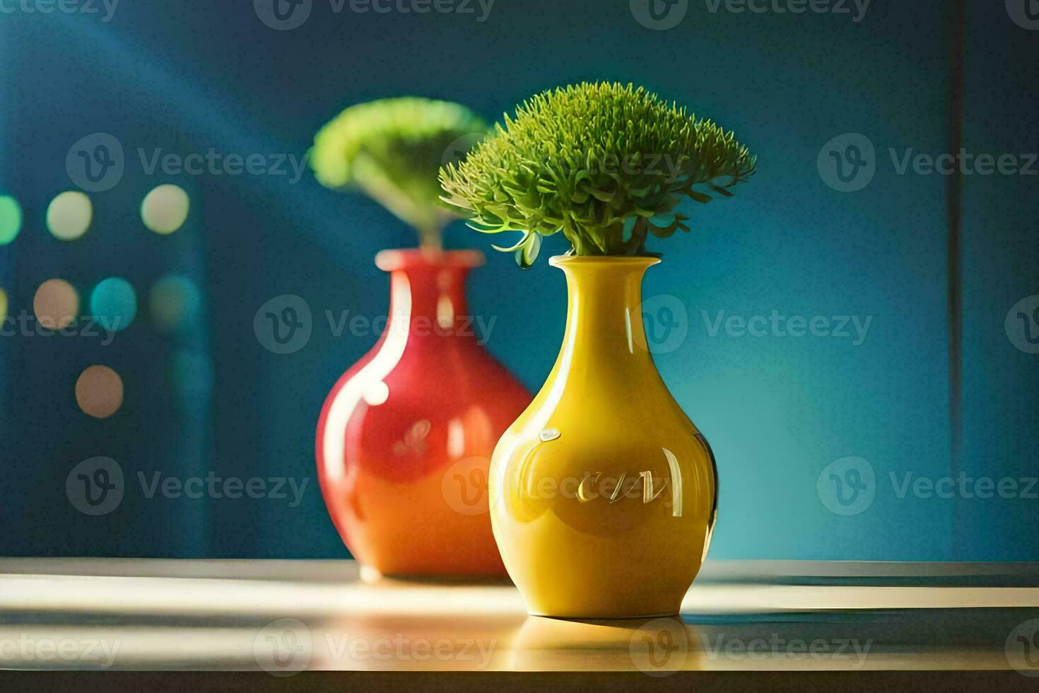 two colorful vases with green plants in them. AI-Generated photo