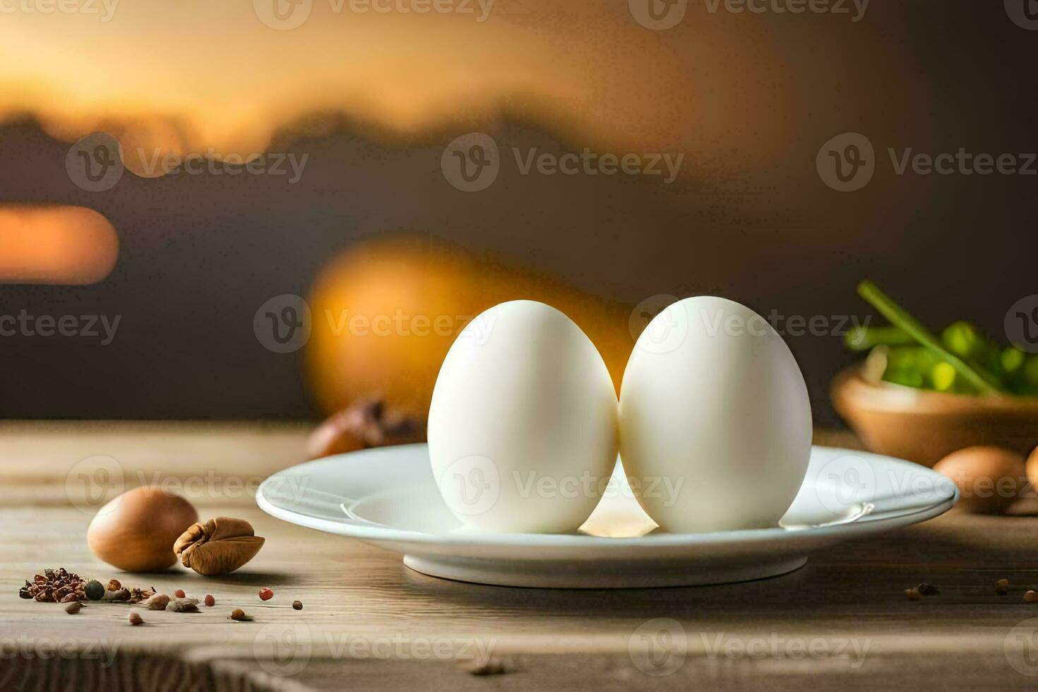 dos huevos en un plato con especias y hierbas. generado por ai foto