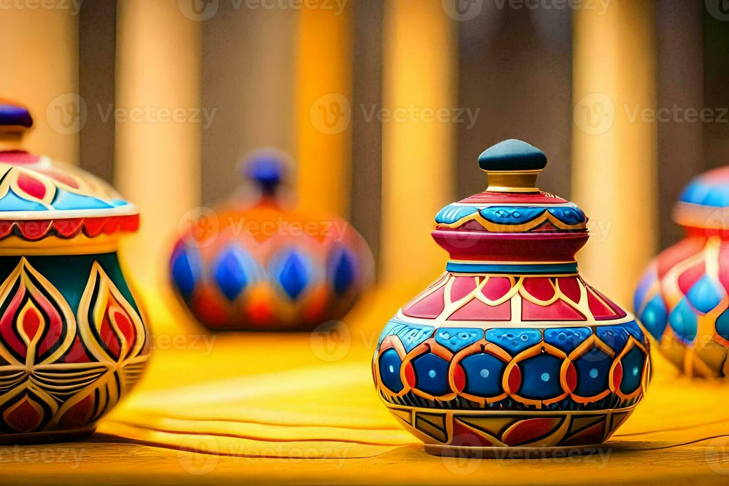 colorful pottery on a yellow table. AI-Generated photo