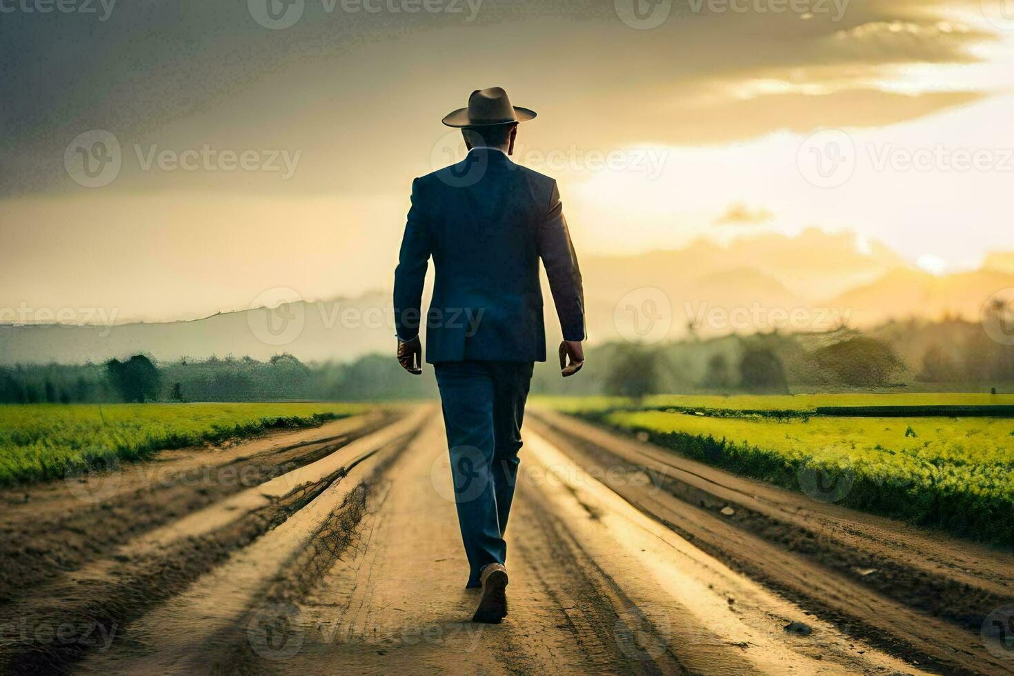 un hombre en un traje y sombrero camina abajo un suciedad la carretera. generado por ai foto