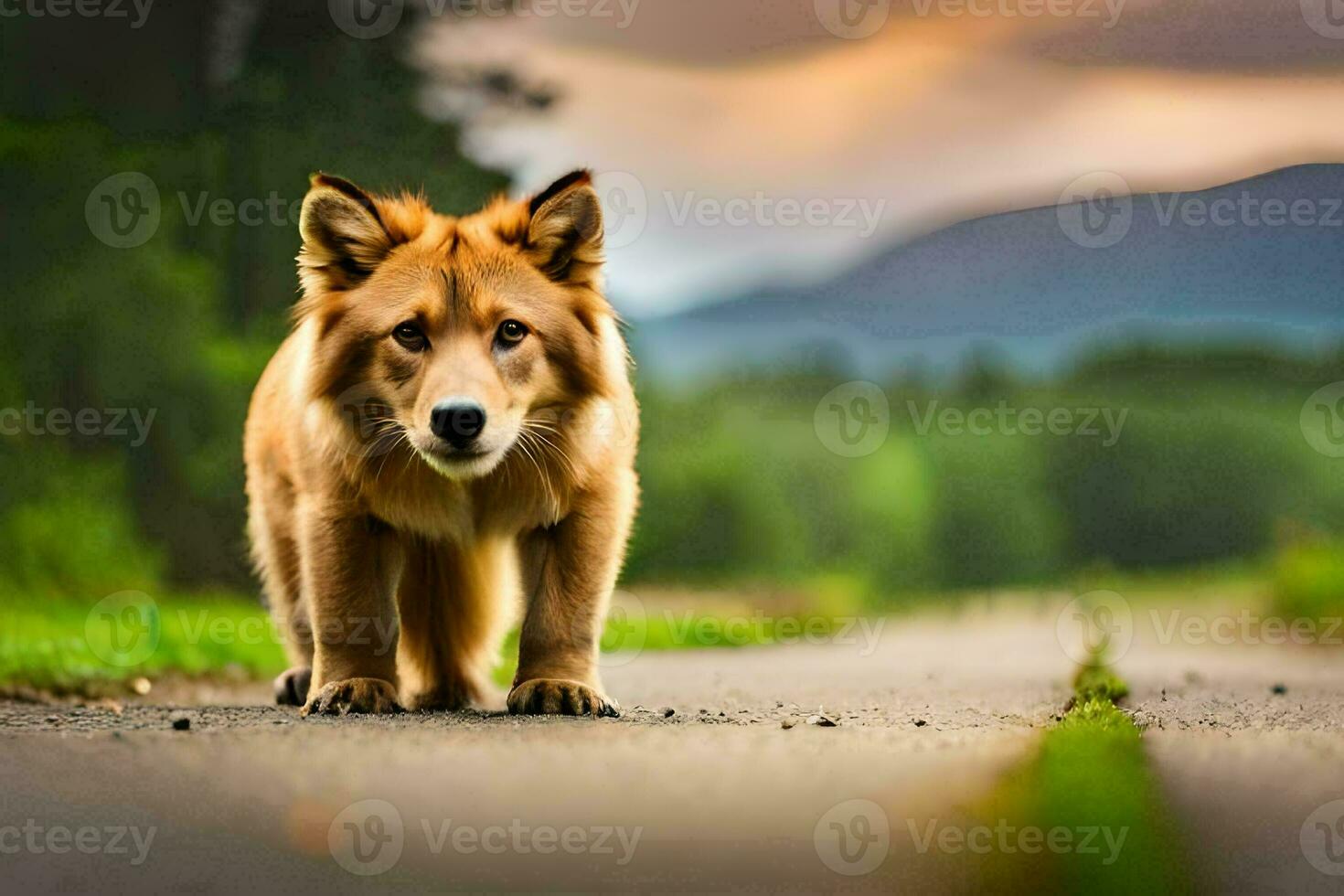 a dog is walking on the road in front of a forest. AI-Generated photo