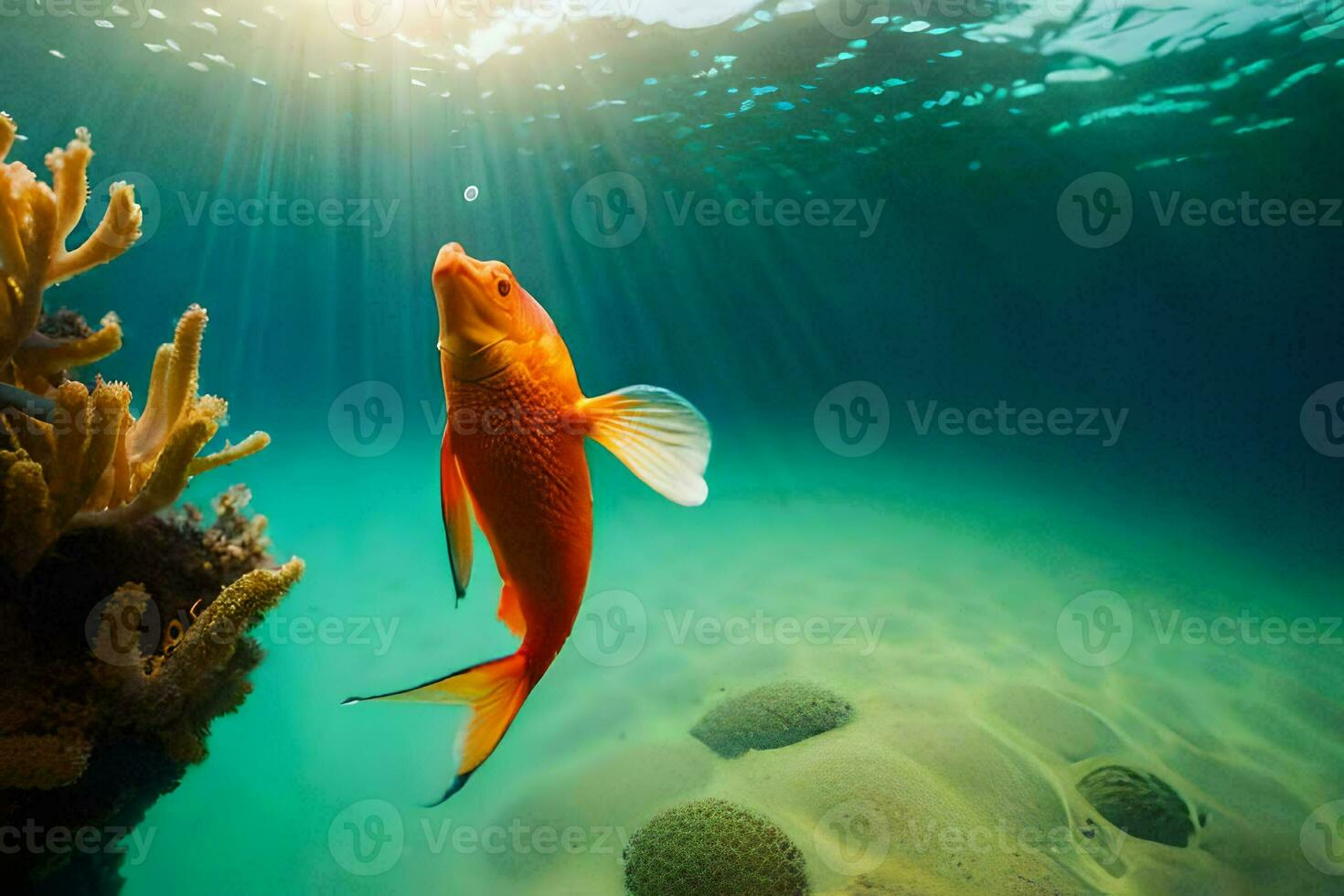 a fish swimming in the ocean with coral. AI-Generated photo