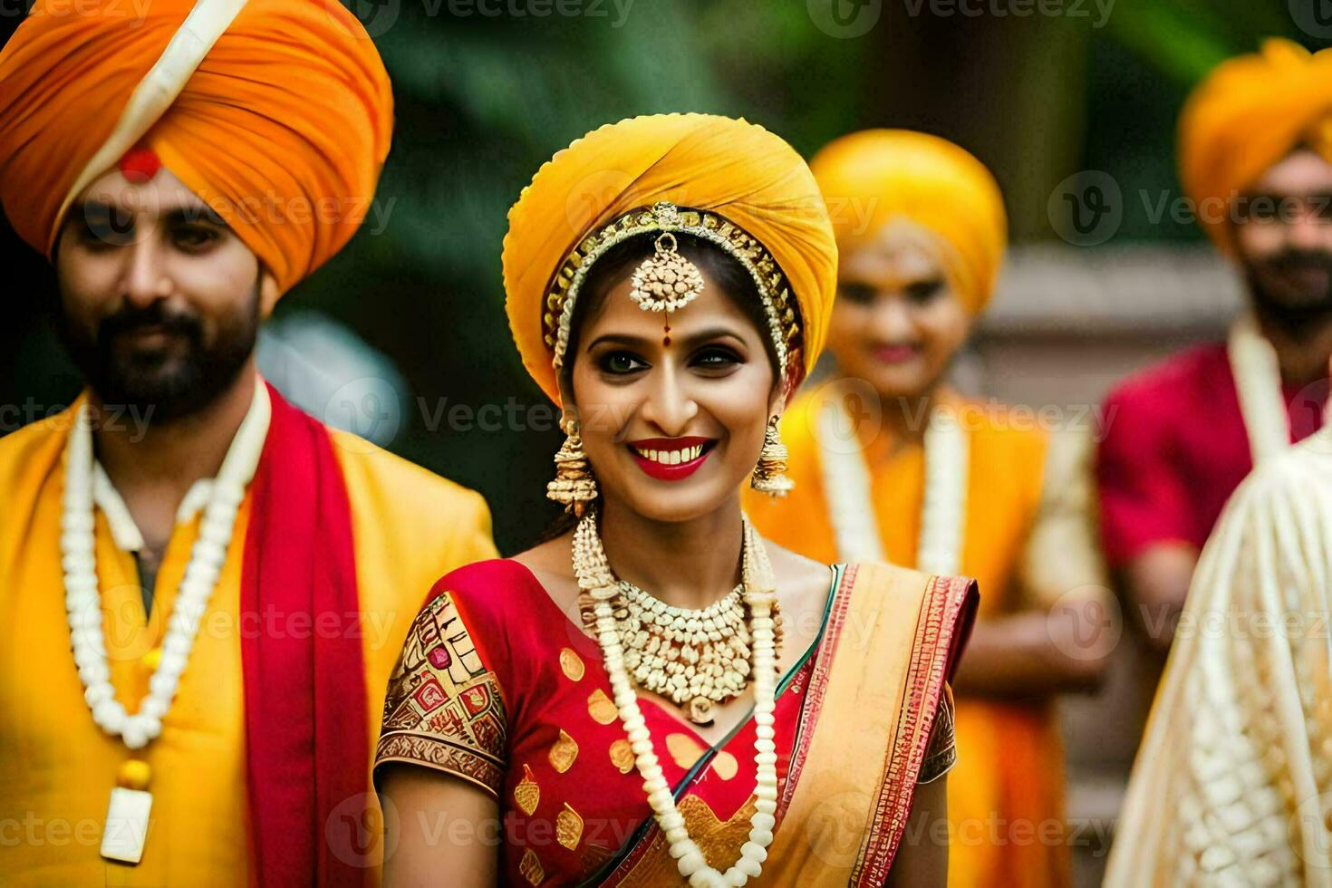 un novia y novio en tradicional indio atuendo. generado por ai foto