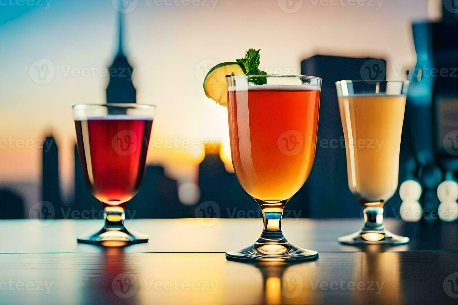 three glasses of drinks with cityscape in the background. AI-Generated photo