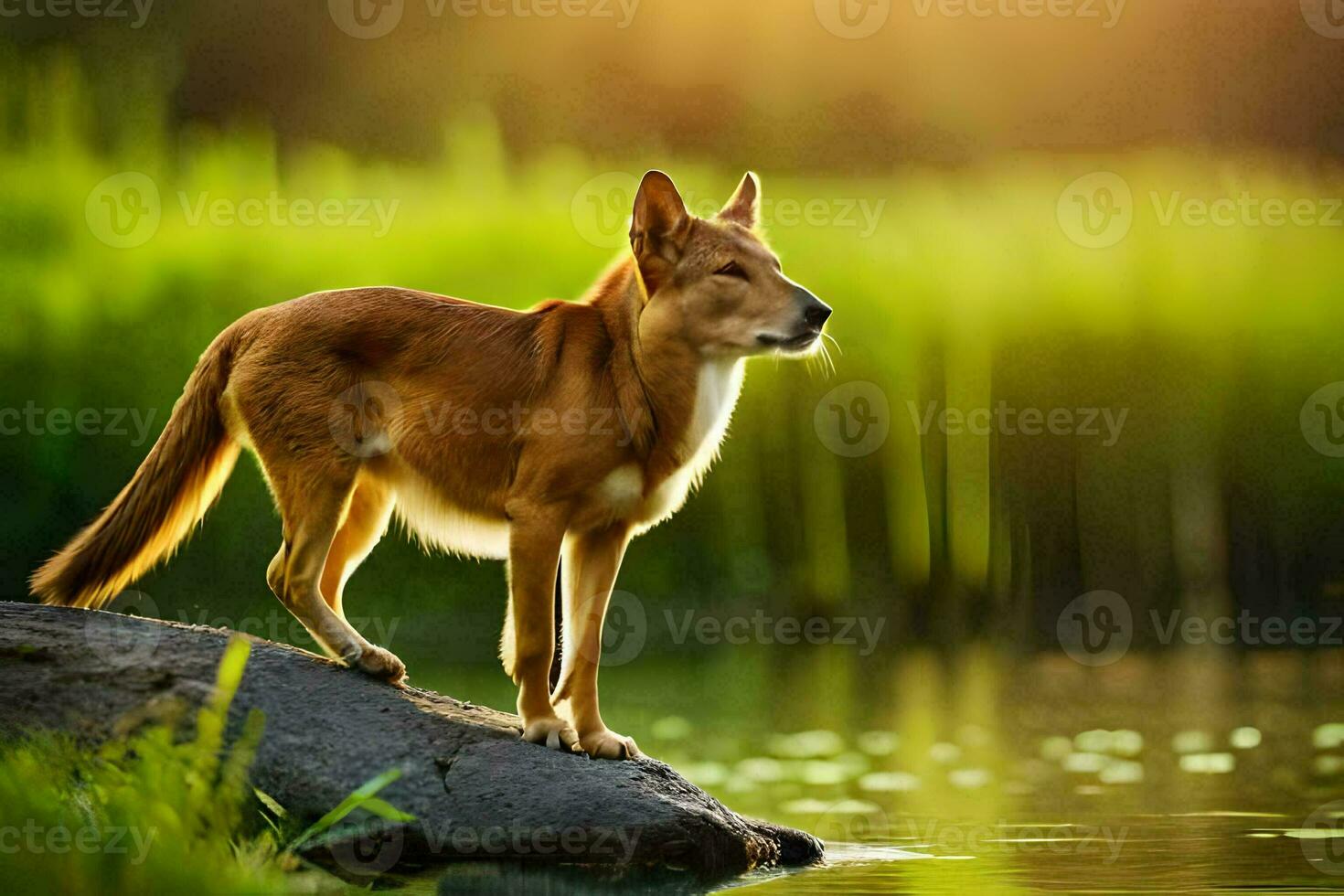 a dingo is standing on a rock in the water. AI-Generated photo
