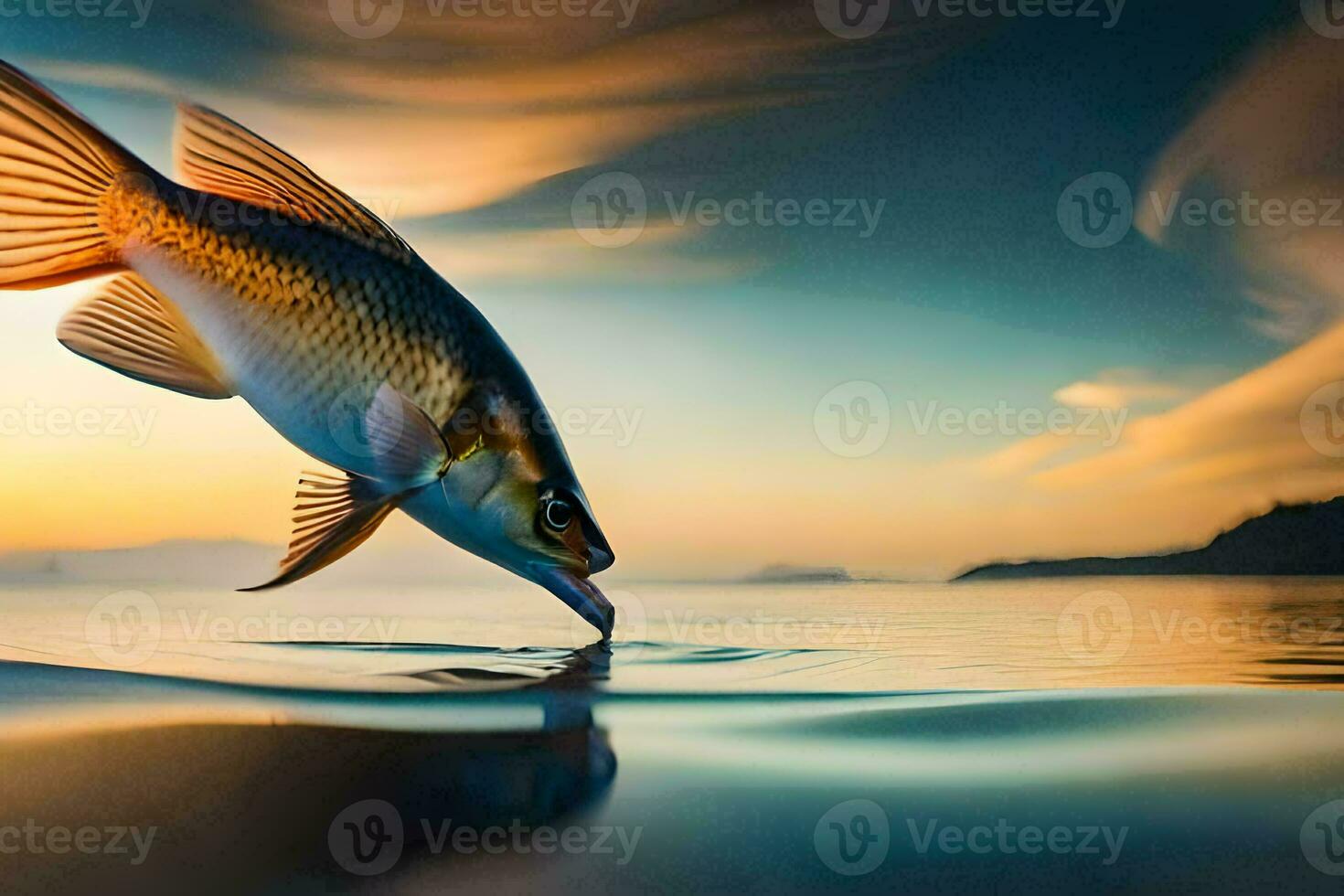 a fish is jumping out of the water at sunset. AI-Generated photo