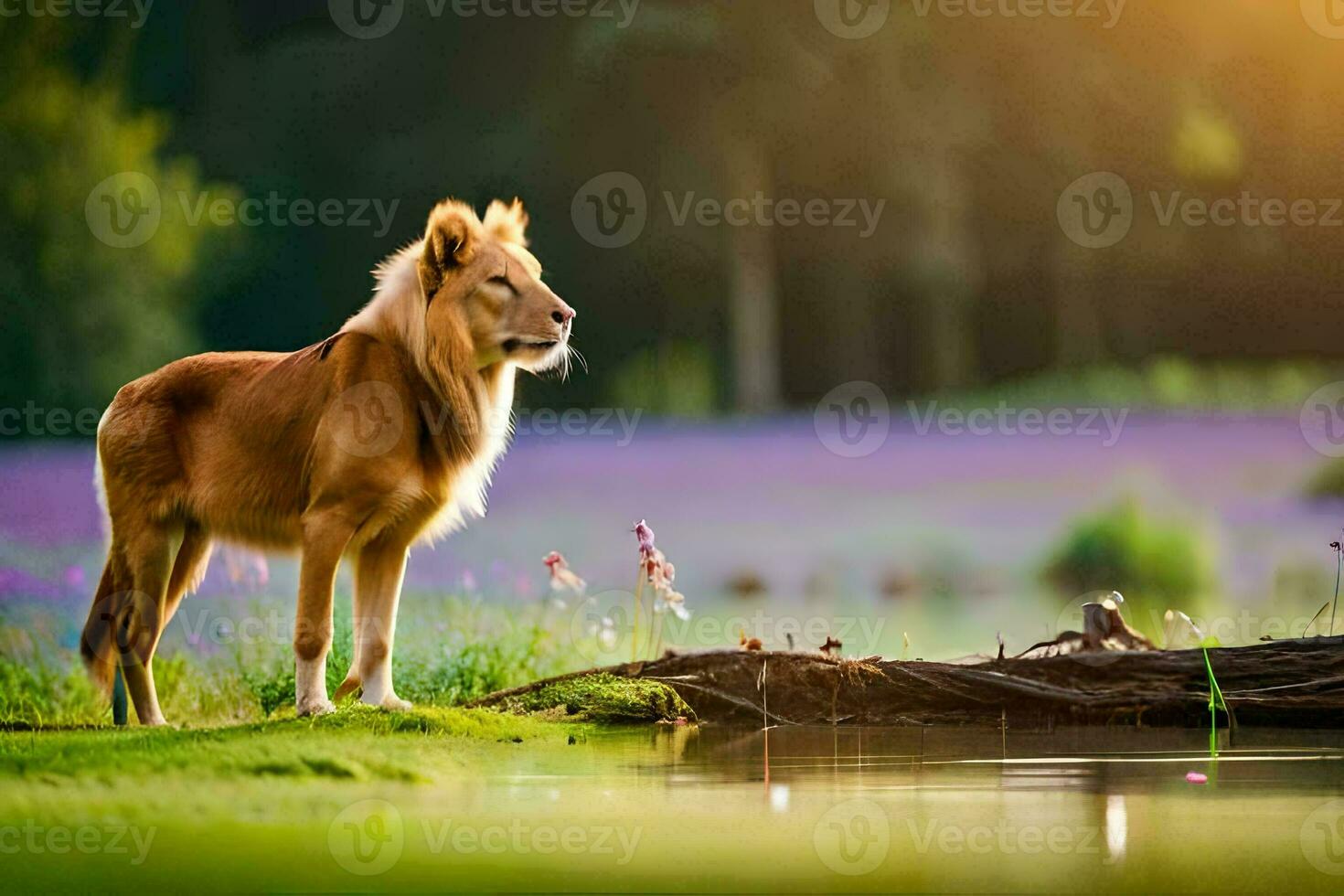 the lion is standing on the grass in front of the water. AI-Generated photo