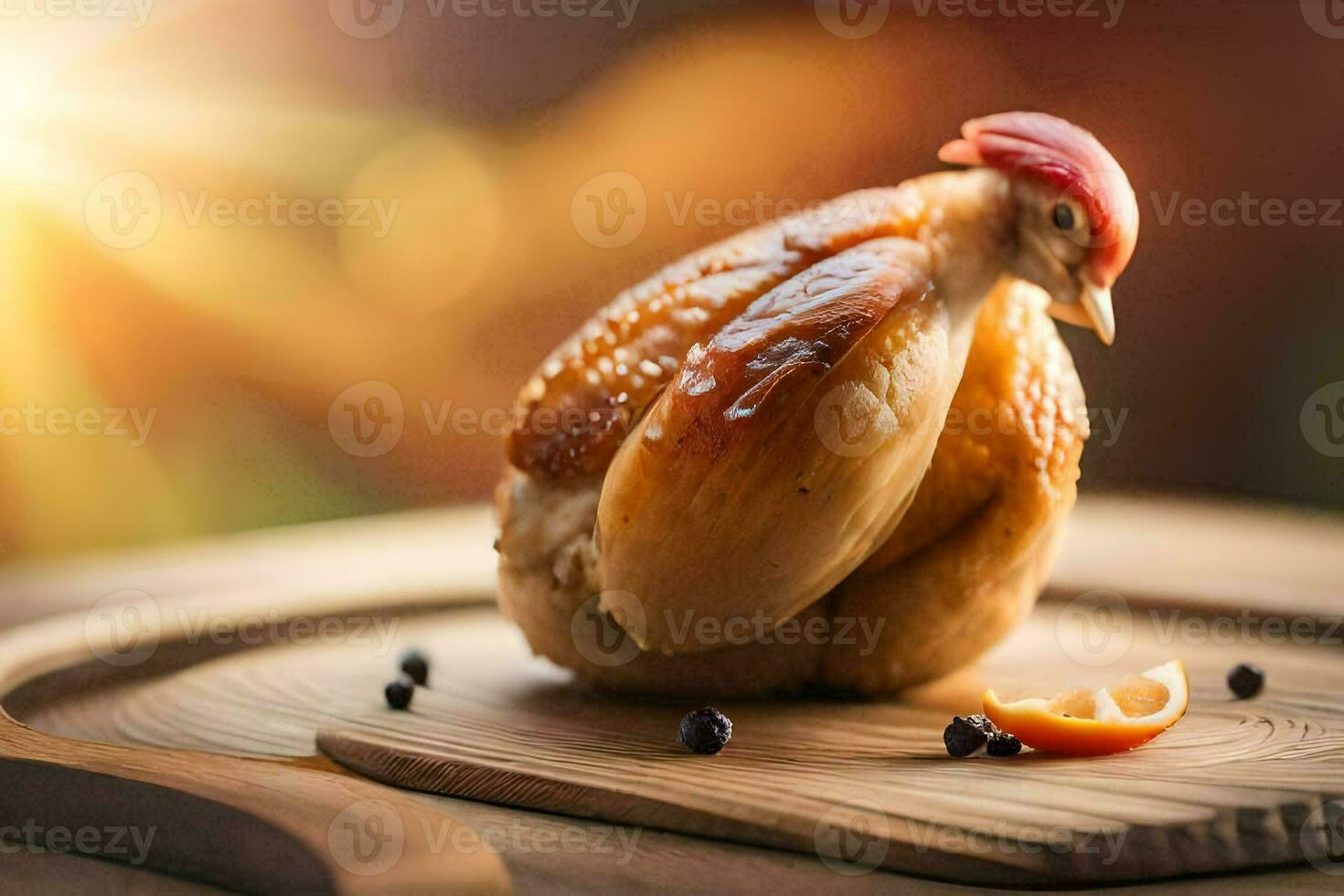 a chicken is sitting on a wooden cutting board. AI-Generated photo