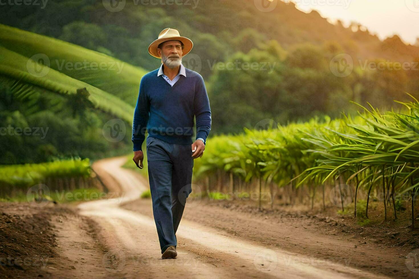 senior man walking in the field. AI-Generated photo